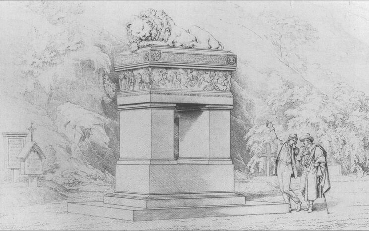 A classical tomb with a high plinth and a reclining lion on the sarcophagus, flanked by two figures in conversation, depicted as an architectural drawing