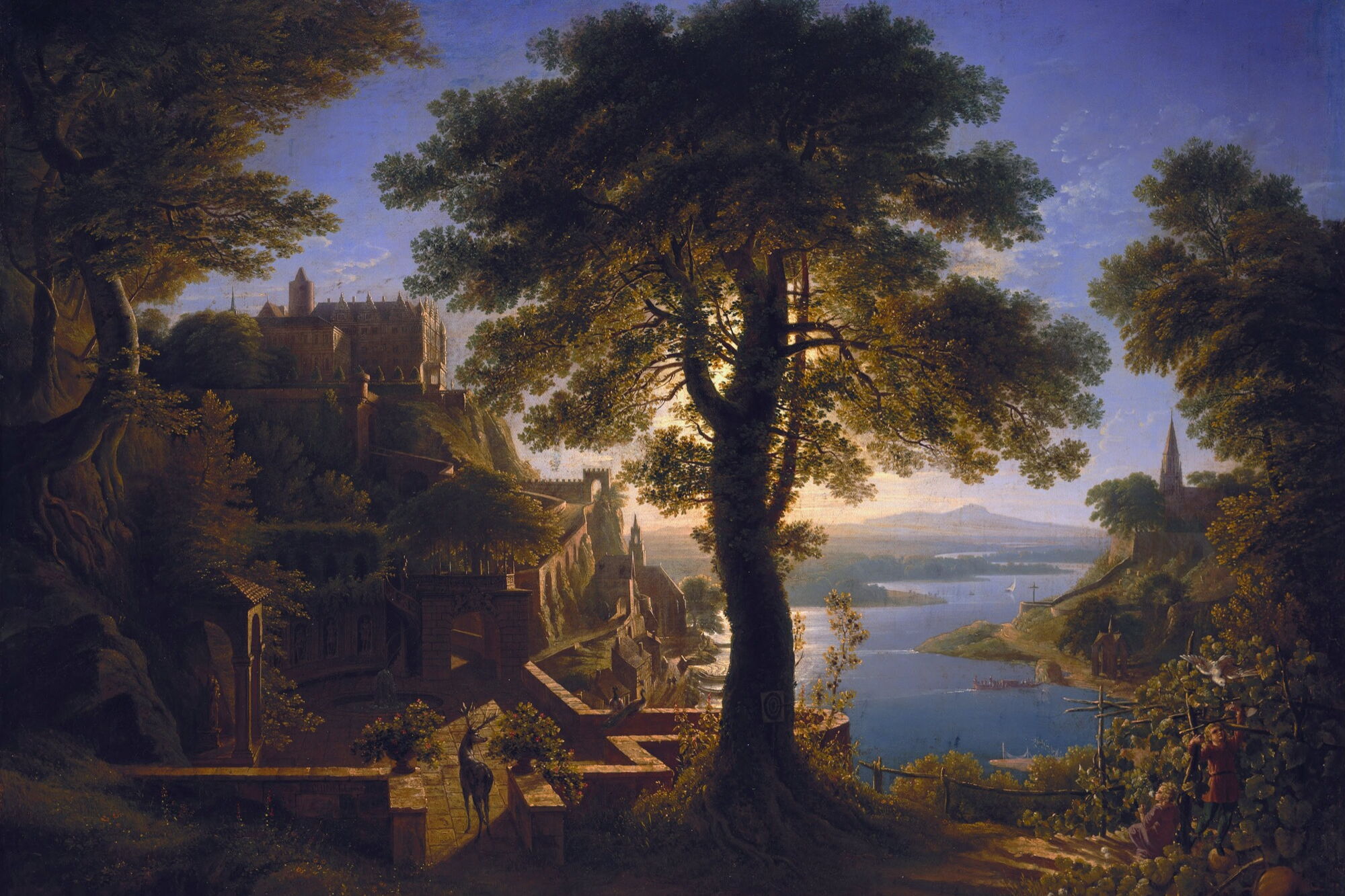 Karl Friedrich Schinkel: Landscape with a castle by the river, a large tree in the foreground and a view stretching across the river