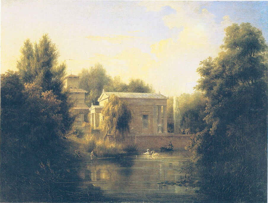 Carl Daniel Freydanck: Garden house by the pond with swans and figures in front of a neoclassical pavilion